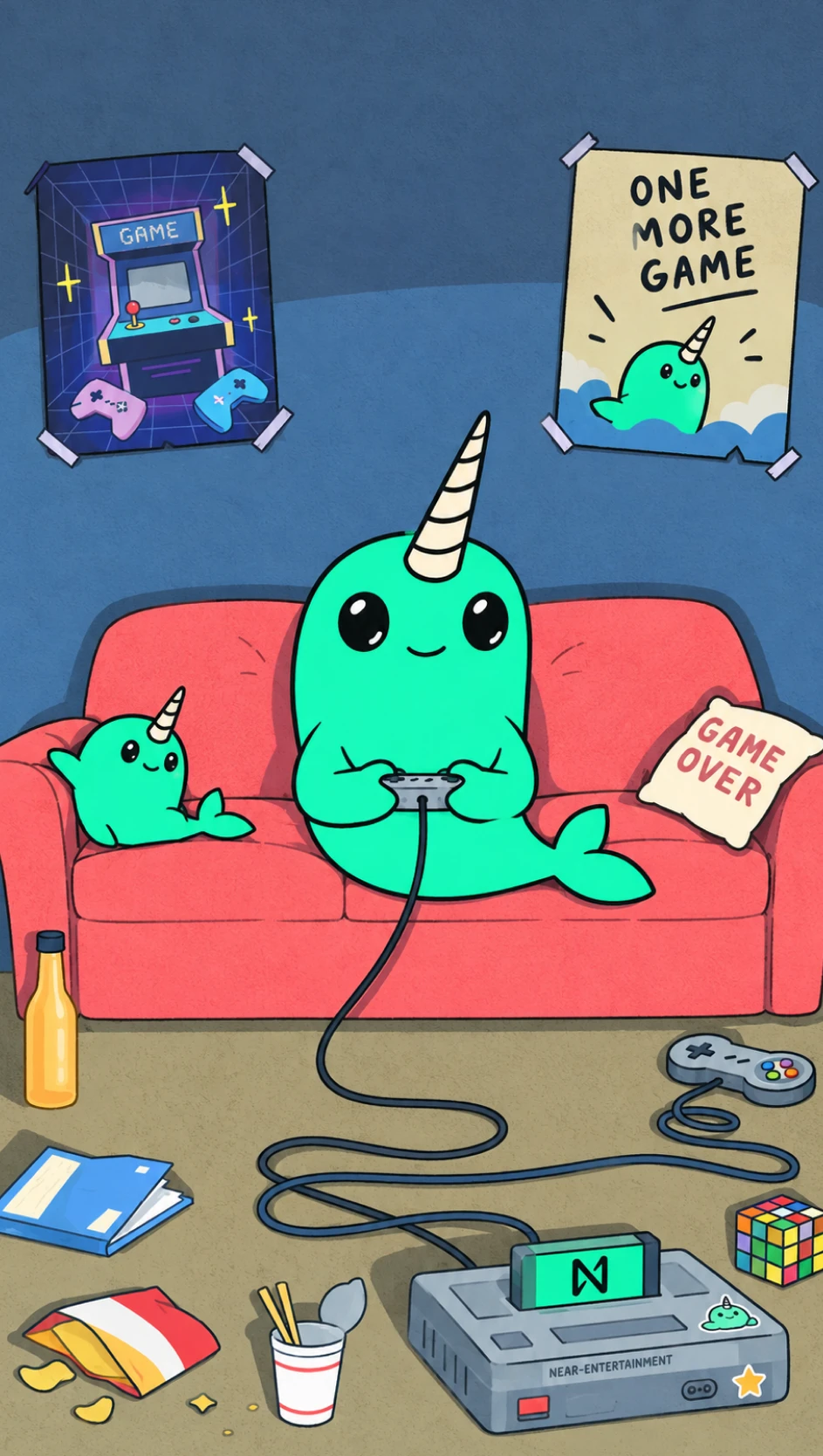 Narwhals on a red couch playing video games