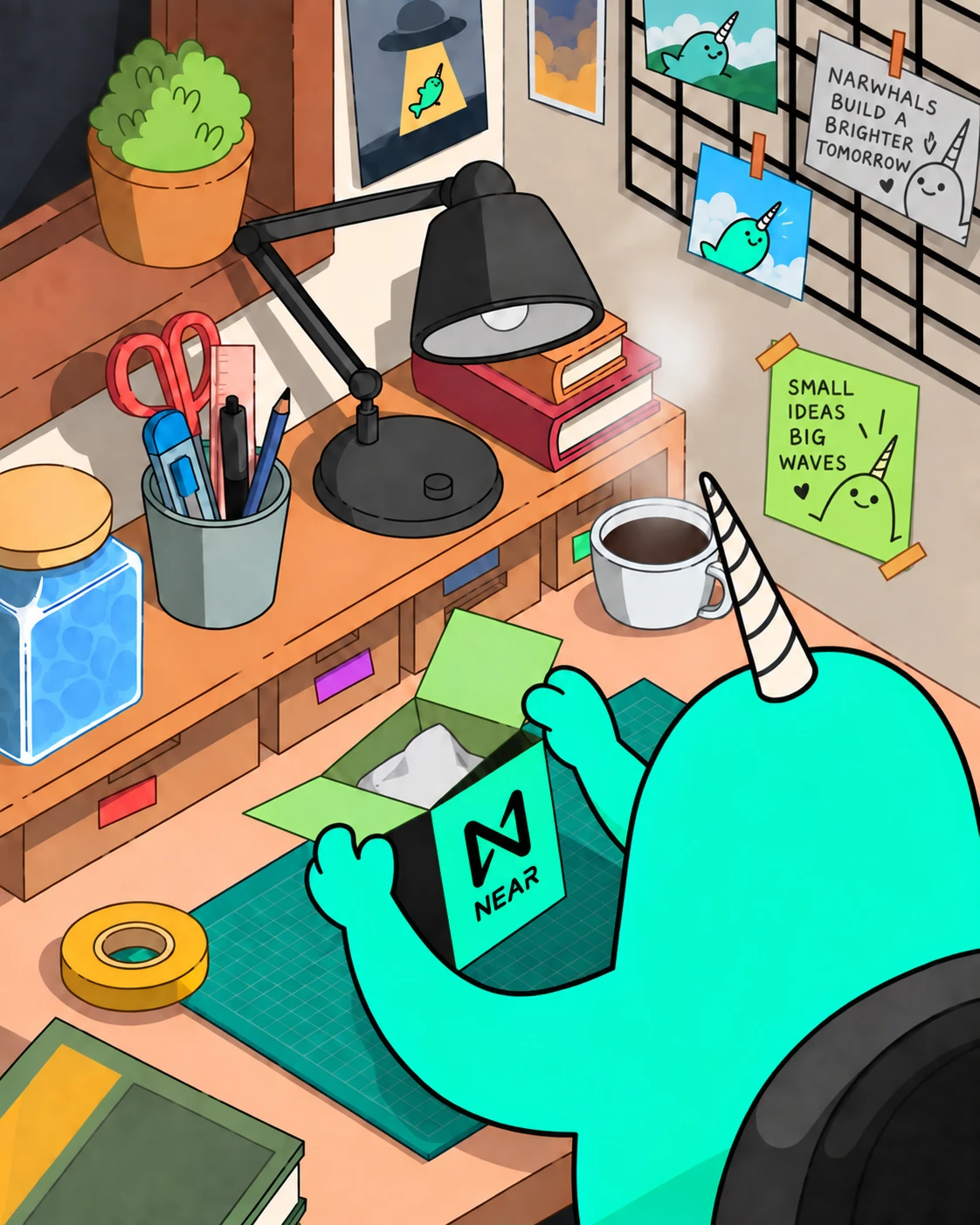 A narwhal unboxing a NEAR package at a cozy desk