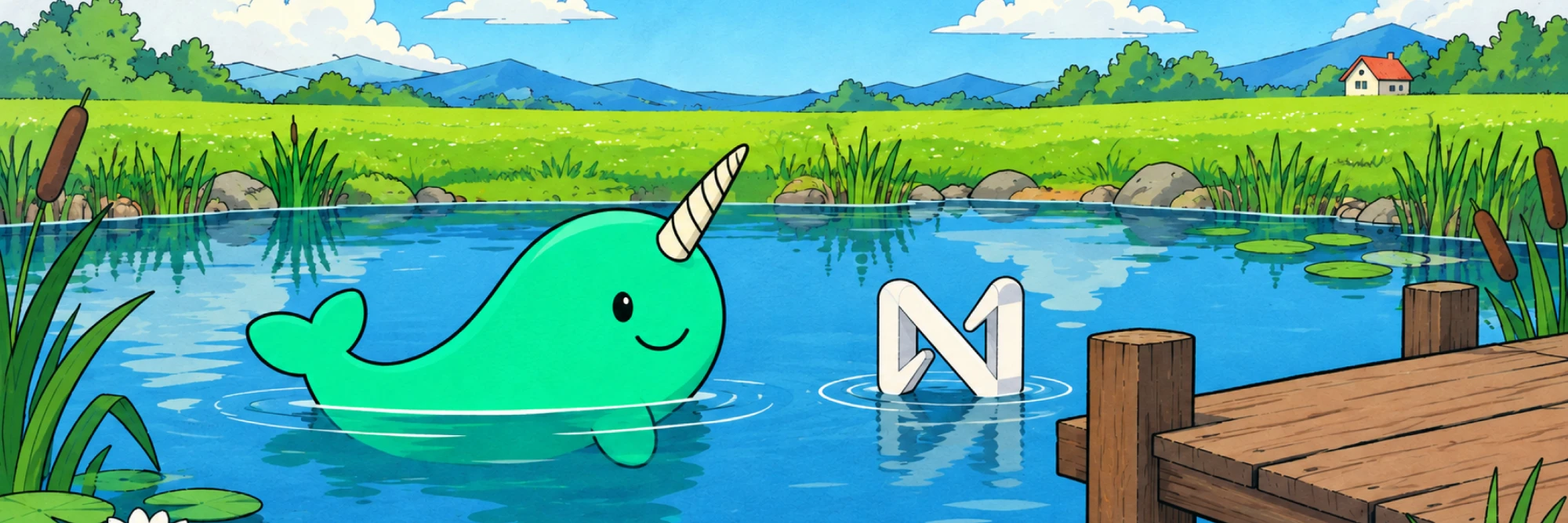 A green narwhal swimming in a countryside pond
